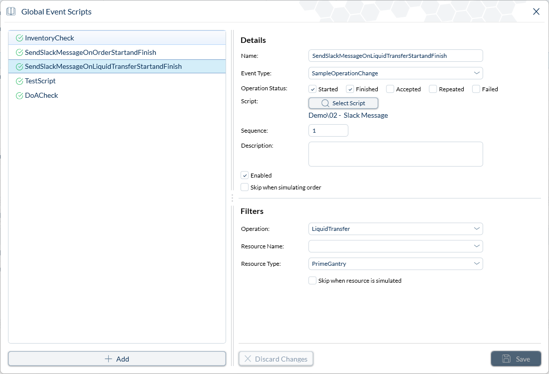 Example of a Global Event Script that sends a Slack message whenever any Liquid Transfer operation starts or finishes.
