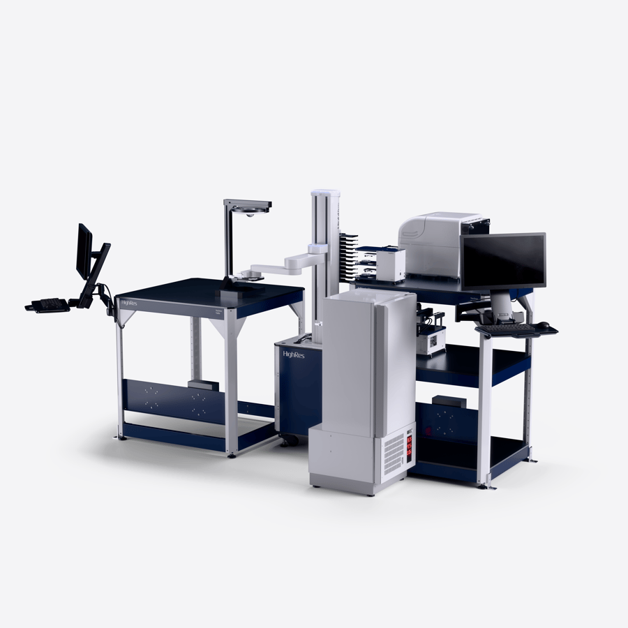 Rendering of the FlexPod with advanced Perception system, featuring the HighRes FlexPod and ACell Robotic Arm with Vision, including integrated instruments like the Liconic STX 44-SA Incubator, HighRes PreciseDrop II (PDII) Dispenser, and the Agilent Biotek Synergy Reader.