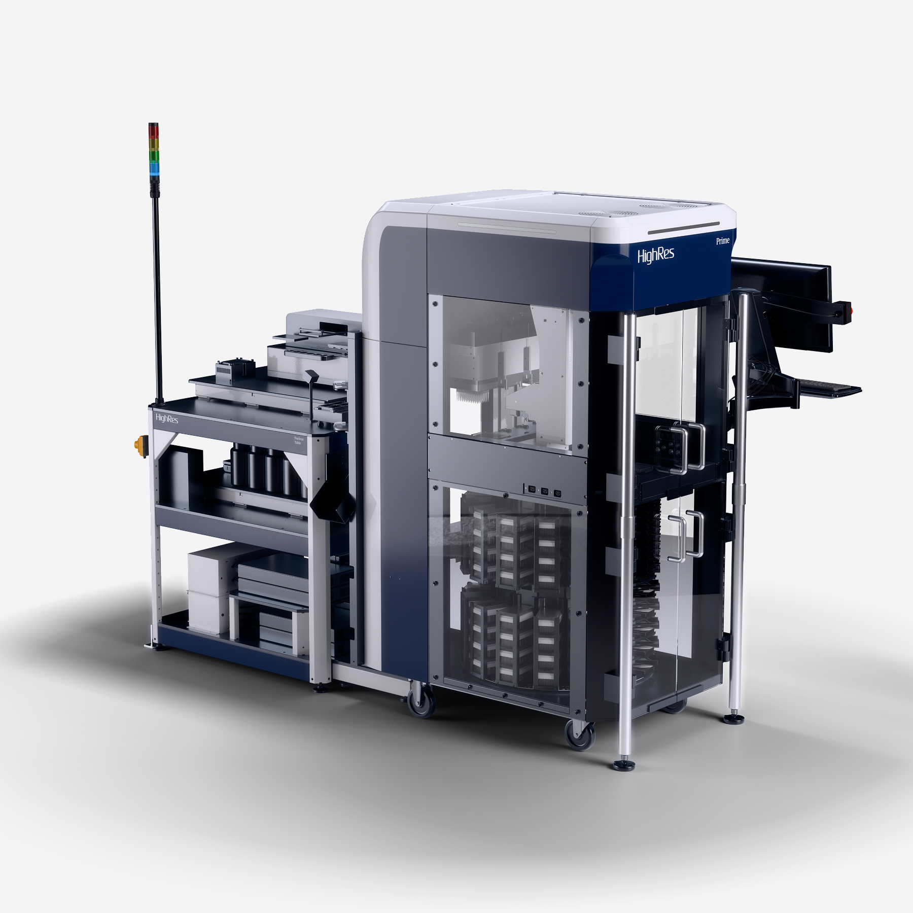 Rendering of the Prime NGS Workstation, featuring the HighRes Prime Liquid Handler and including integrated instruments like the Formulatrix Tempest, BlueCatBio BlueWasher, Inheco ODTC, and more.