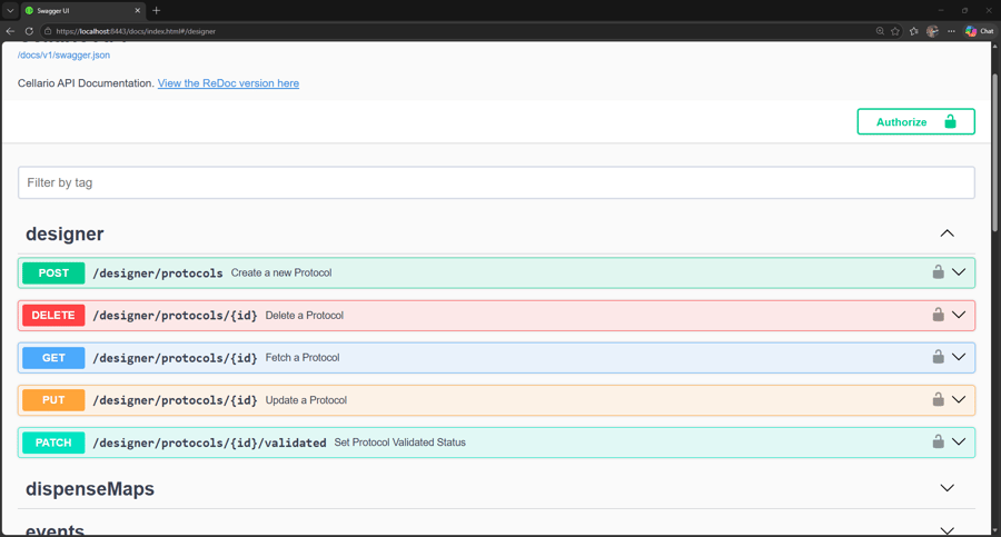 Screenshot of the new Designer API endpoints showing how to create, update, delete, and validated protocols.