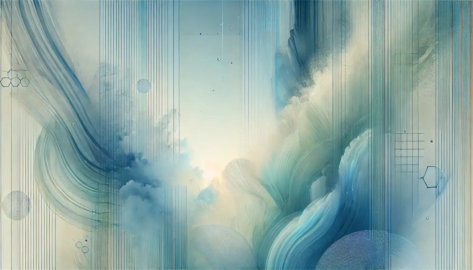 abstract composition incorporates a painterly texture and faint geometric lines, resembling a harmonious balance between nature and technology