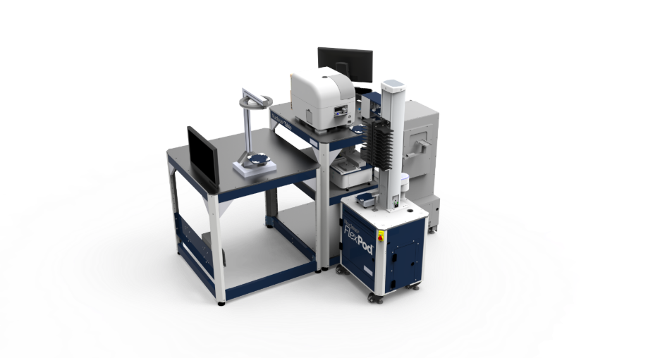Rendering of the FlexPod with advanced Perception system, featuring the HighRes FlexPod and ACell Robotic Arm with Vision, including integrated instruments like the Liconic STX 44-SA Incubator, HighRes PreciseDrop II (PDII) Dispenser, and the Agilent Biotek Synergy Reader.