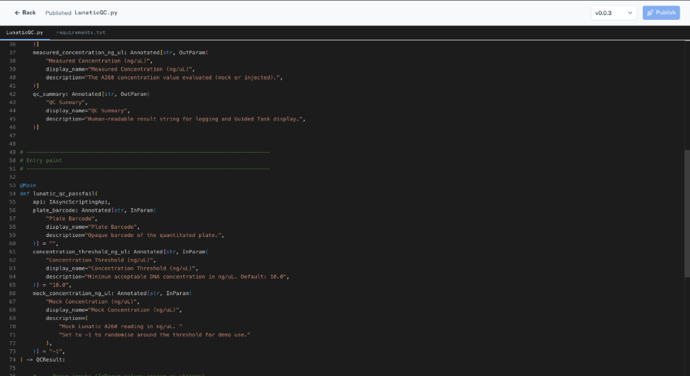 Python workflow scripting in Cellario OS V1.17 in-browser editor showing a workflow script with real-time error feedback.